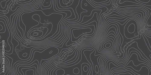 Modern Dark Gray Topographic Contour Map Background Featuring Flowing Elevation Lines, Abstract Terrain Patterns and Seamless Geographic Grid Style.