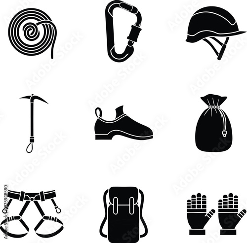 Black and white of climbing and hiking gear including rope, carabiner, helmet, ice axe, shoe, bag