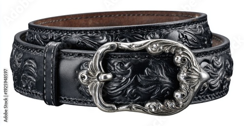 Ornate black leather belt with antique silver-toned buckle, intricate floral design
