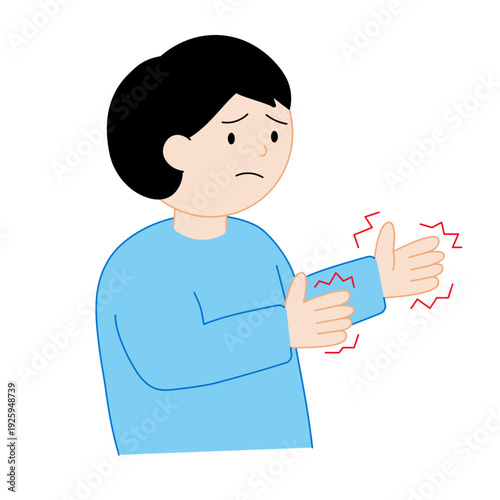 主線なしイラスト | 赤い震え線で強調された手のしびれに悩む男性 | 医療・依存症・緊張のイメージ