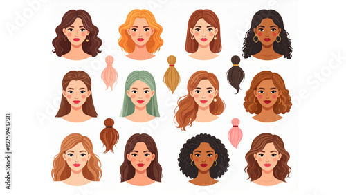 Diverse Female Face Avatar Vector Set – Hairstyles, Hair Colors, and Beauty Looks Collection