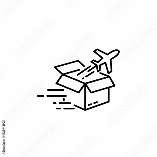 A minimalist line drawing depicts a cardboard box with a plane taking off from it, indicating fast and efficient delivery.
