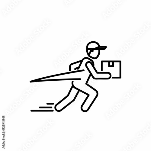 Fast delivery courier service icon carrying a parcel box. A minimalist outline graphic with a person rushing