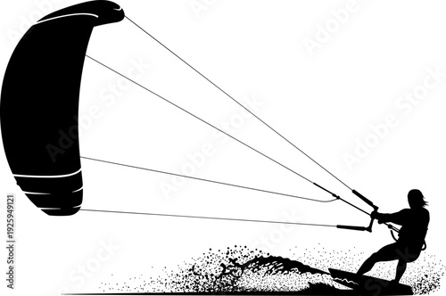 Kitesurfing silhouette action scene, extreme water sport vector illustration with rider and kite, dynamic motion splash design, black and white isolated graphic