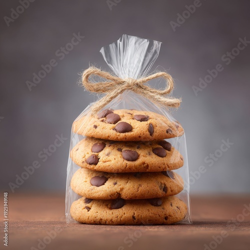 Homemade Chocolate Chip Cookies in Clear Plastic Bag with Twine