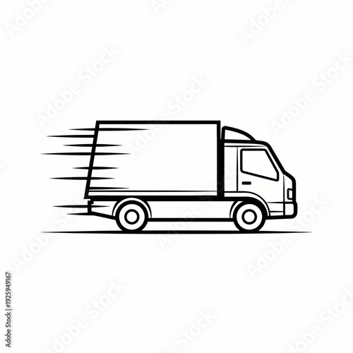 A speedy delivery truck moving quickly on the road. The truck is white, with simple lines creating the image of a truck 