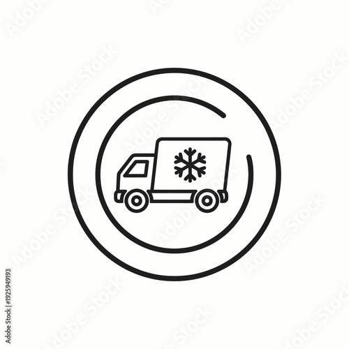 Frozen food delivery icon. A simple truck silhouette with a snowflake symbol inside a circle