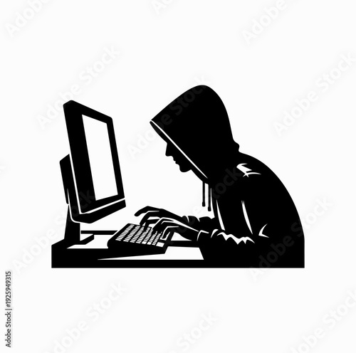 Hacker Using Computer Silhouette Vector Illustration