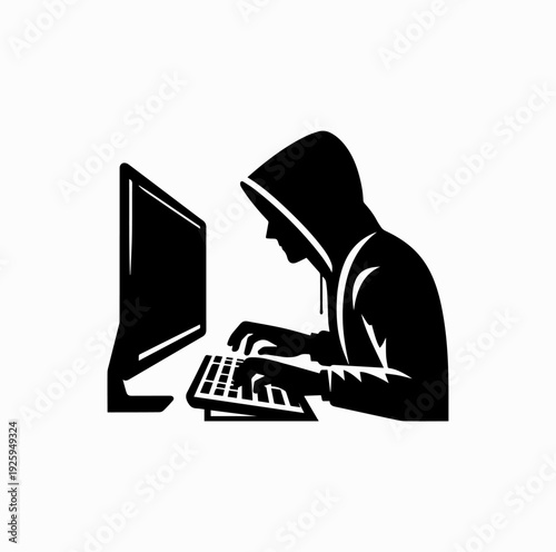 Hacker Using Computer Silhouette Vector Illustration