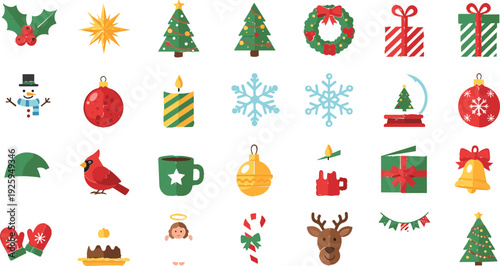 Christmas Icon Set with Holly, Snowman, Gift Boxes, Reindeer, Bells, Christmas Trees, and Holiday Decorations
