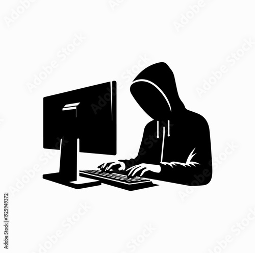 Hacker Using Computer Silhouette Vector Illustration