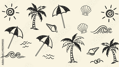 Summer Beach Vacation Doodle Elements Seashells Palm Trees and Umbrellas