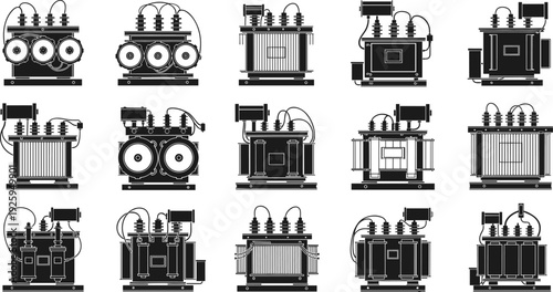 Large collection of various black electric power transformer silhouettes, featuring industrial, substation, and utility distribution designs, energy equipment vector set