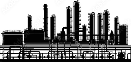 Large industrial oil refinery silhouette vector illustration with pipelines, towers and storage tanks showing petrochemical processing, 
