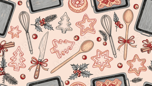 Christmas Baking Holiday Pattern Featuring Festive Cookie Cutters and Kitchen Utensils