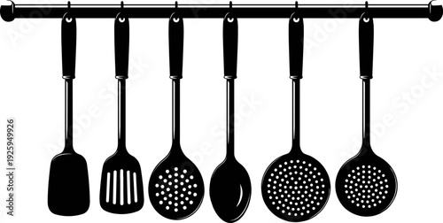 Large kitchen utensil collection vector silhouette set, cooking flatware hanging on a rack, grater, whisk, spatula, and pan graphic icon design isolated on white.