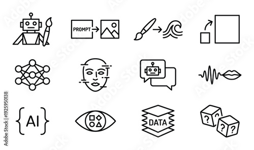 Artificial intelligence icons set with neural network face recognition and generative art symbols