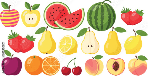 Flat Design Fresh Fruit Vector Set Featuring Apple, Watermelon, Strawberry, Pear, Lemon, and Peach for Healthy Nutrition Apps, Grocery Branding, and Educational Food Graphics