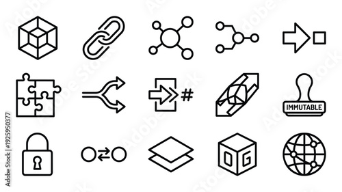 Blockchain technology and data structure icons with distributed ledger and smart contract symbols