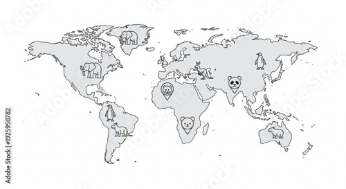 World map with travel icons and landmarks on a white background for global adventure and tourism concepts