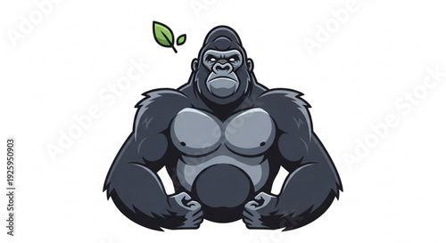 A muscular cartoon gorilla sits serenely with a green leaf floating above its head on white background