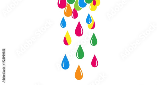 Colorful teardrop shapes falling down on white background vibrant droplets in pink blue green yellow and orange hues abstract design element for creative projects and artistic use