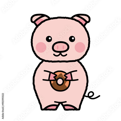 豚がドーナツを持っているシンプルかわいいイラスト