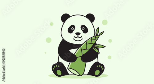 Cute panda bear happily holding bamboo shoots in green environment