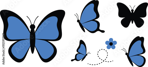 Blue Butterfly Vector Illustration Set with Flying Morpho Butterflies Silhouette and Spring Flower Icons for Nature and Garden Design