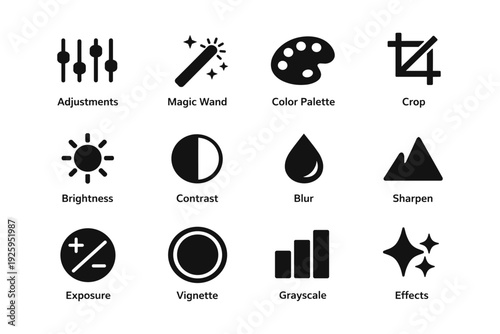Image editing icons: adjustments, magic wand, color palette, crop, brightness, contrast, blur