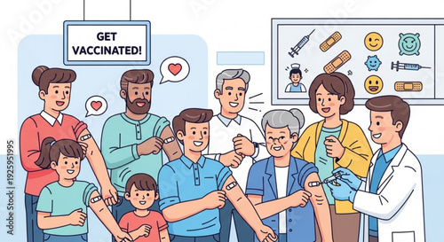 Diverse group of people showing vaccinated arms with doctor and get vaccinated sign in clinic