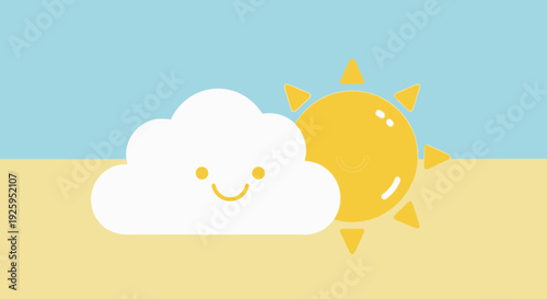 Smiling cloud and sun in bright blue and yellow landscape