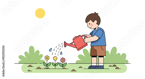 Happy child watering colorful flowers in sunny garden