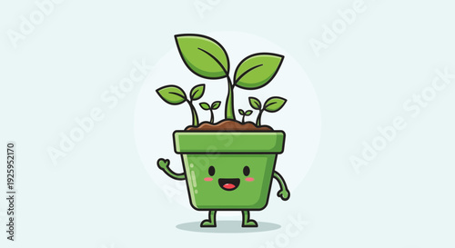 Friendly plant sprout character in green pot waving happily