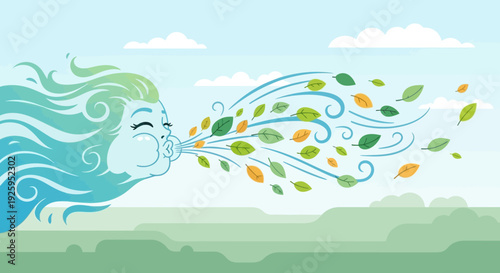 Woman blowing leaves in autumn breeze with windy hair
