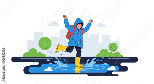 Happy kid jumping in puddle on rainy day with city background
