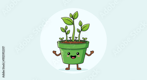 Happy potted plant with smiling face and green leaves growing
