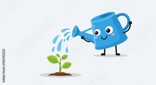 Friendly blue watering can nurturing young green plant with care
