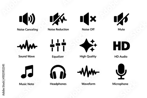 Audio icons collection: sound control, waveform, microphone, headphones, equalizer
