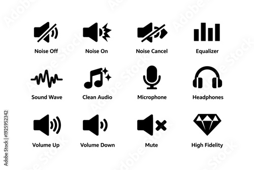 Audio control and sound quality icons: noise, equalizer, volume, headphones