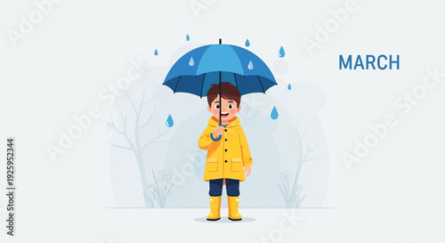 Happy child enjoying spring rain with colorful umbrella and raincoat