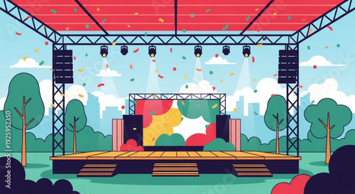 Outdoor music festival stage with red canopy colorful screen and confetti set against a green field and blue sky with trees and clouds