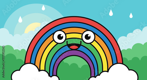 Smiling rainbow with eyes and clouds in sunny landscape