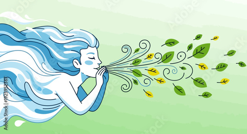 Woman blowing leaves in the wind with a gentle smile