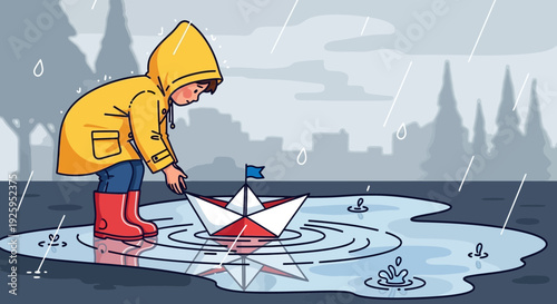 Child playing with paper boat in rainy puddle on street