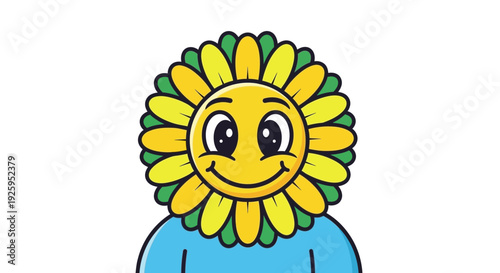 Smiling flower character with bright yellow petals and green accents