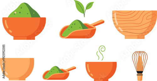 Matcha Green Tea Powder Vector Illustration Set with Bamboo Whisk Chasen Wooden Bowl and Tea Scoop Icons for Japanese Tea Ceremony Design