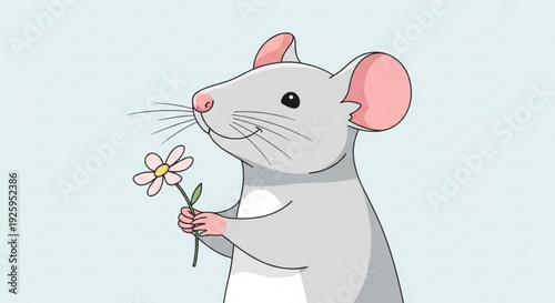 A cute cartoon mouse holding a pink flower in its paws on a light blue background with a sweet expression