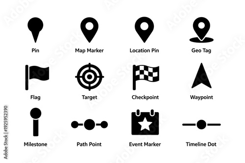 Set of black navigation icons with pins markers flags and targets