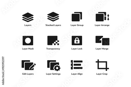Graphic design icons: layering, masking, and editing symbols in black on white